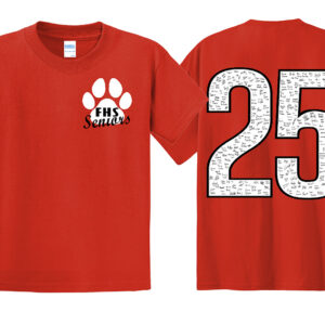 Red Tee with two color paw imprint on front and large 25 with all senior signitures on back.